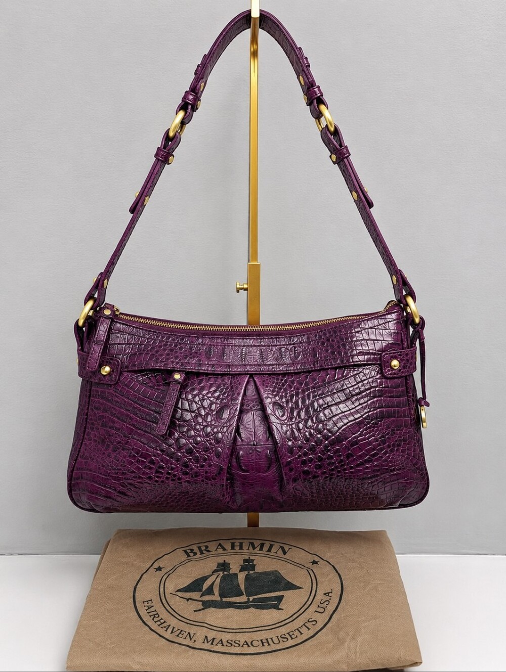 Brahmin Purple Melbourne Croc Embossed Leather Shoulder Bag With Dust Bag EUC